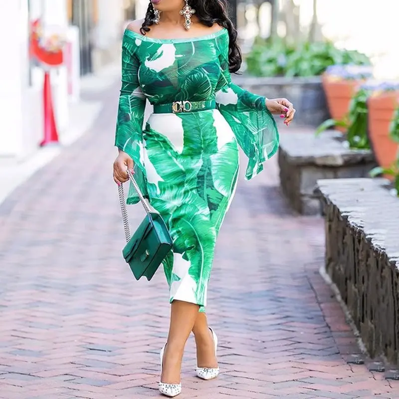 

Green Leave Printed Bodycon Dress Off Shoulder Long Sleeve Cold Shoulder Maxi Dress
