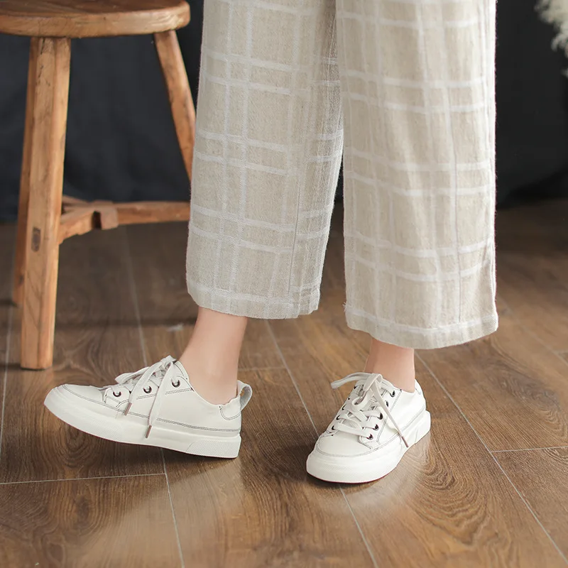 

Artistic Cowhide Rubber Sole Low Top Sneakers Female Spring Summer New Style Casual Pigskin Split Leather Lace-up White Shoes