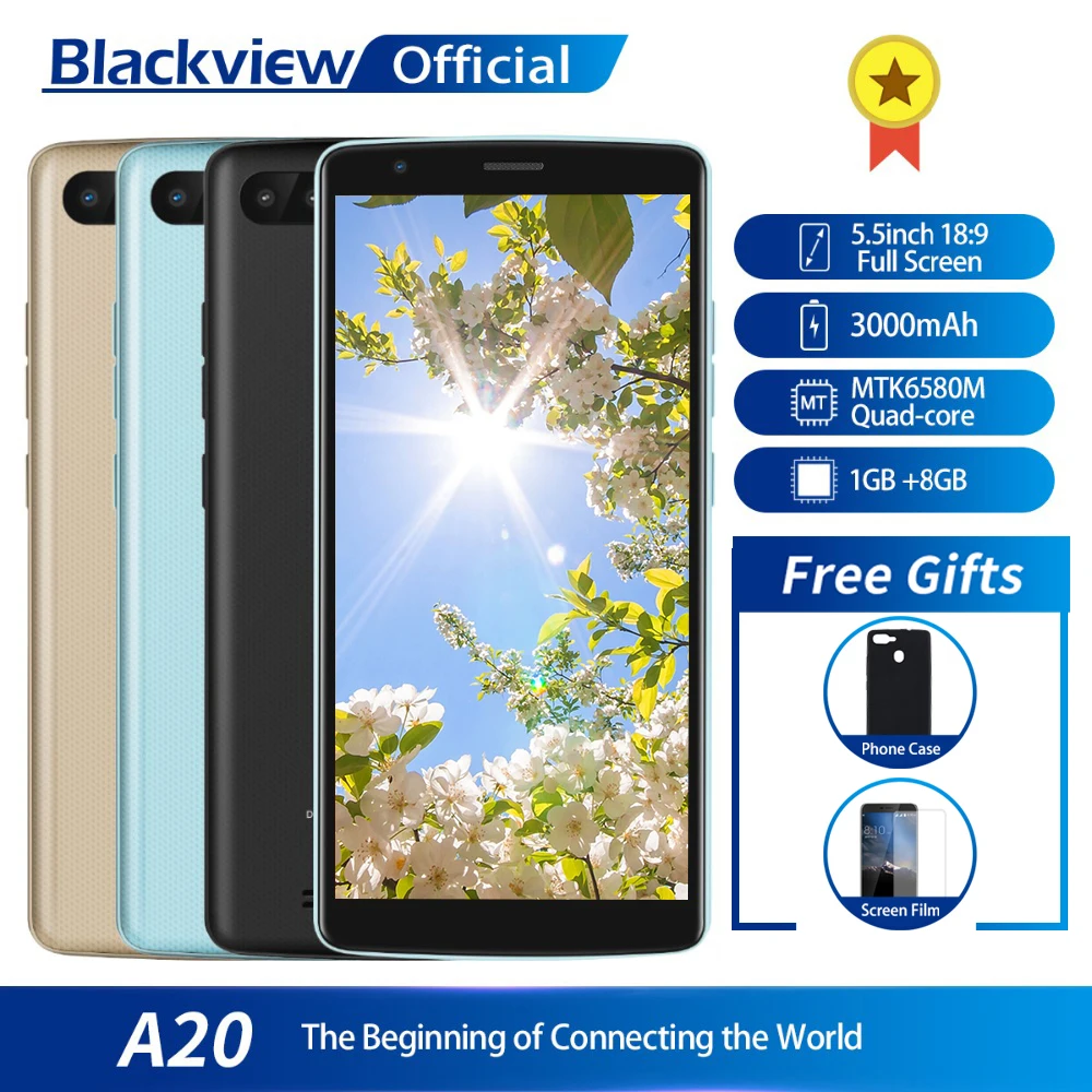 Смартфон Blackview A20 1 ГБ ОЗУ 8 ПЗУ четырёхъядерный процессор MTK6580M на базе Android Go экран