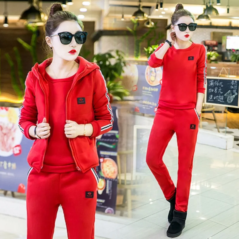 Autumn and winter new Fashion women suit women's tracksuits casual set with a hood fleece sweatshirt three pieces set