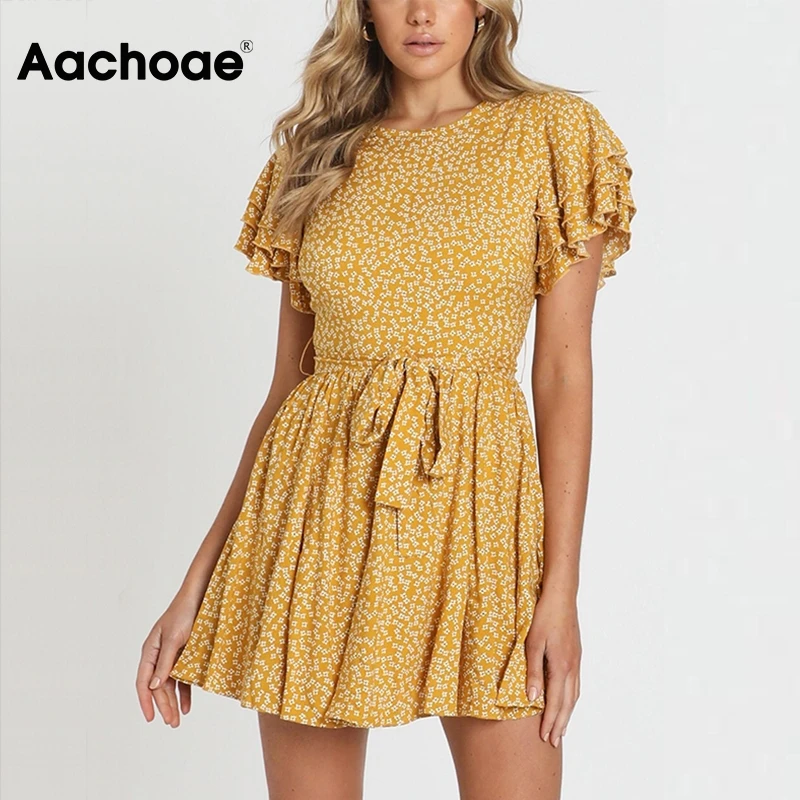 Aachoae Vintage O Neck Summer Mini Dress Women Floral Print Boho Holiday Dresses Ruffles Short Sleeve Casual Bandage Dress Robes Aachoae Vintage O Neck Summer Mini Dress Women Floral Print Boho Holiday Dresses Ruffles Short Sleeve Casual Bandage Dress Robes