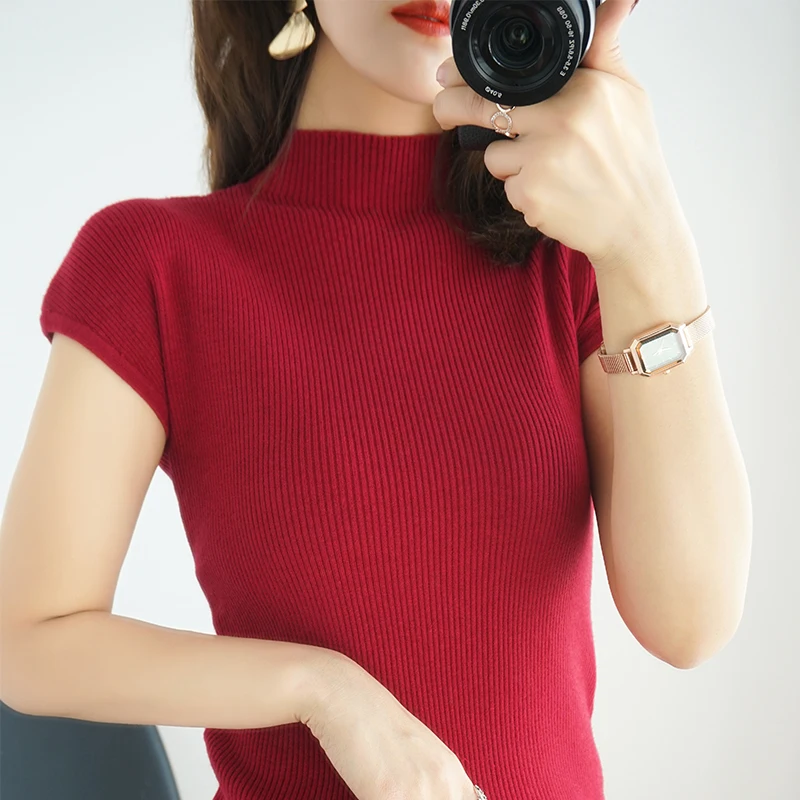 

Cashmere Blend Half collar Short-Sleeved Pullover Women's Round Neck Solid Color Knitted Casual Short Sleeve Sweater