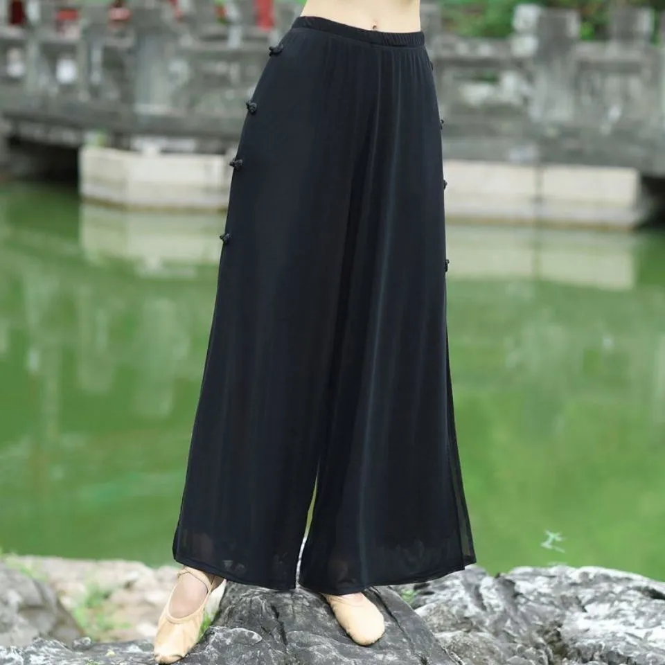 Women Pants Chinese Style Performance White Black Classical Dance Practice Clothes Kawaii Cute Trousers Wide Leg Elastic Waist