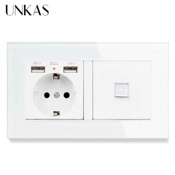 

UNKAS EU Standard Socket with 2 USB Charge Port +1 Gang RJ11 2 Core Telephone Connector Tempered Glass Panel
