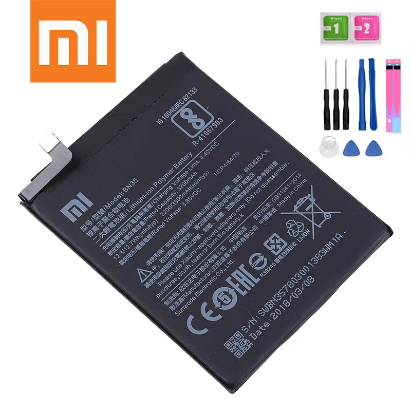 100% XiaoMi оригинальный аккумулятор bn35 BN35 Xiaomi Redmi 5 7 &quotСменный 3200 мАч батарея для