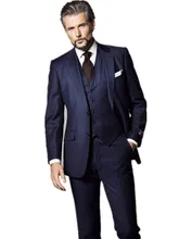 Men's Suit Latest Design Business Navy Blue Striped Men's Dinner Party Tuxedo Groom Wedding Dress 3 Piece Jacket+Vest+Pants