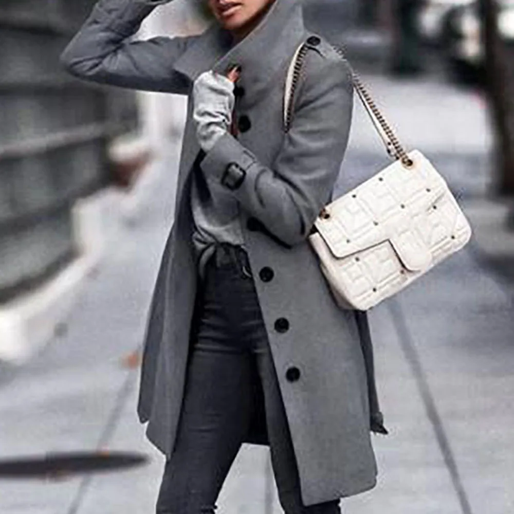 Элегантное шерстяное Женское пальто больших размеров 3XL, однотонное серое однобортное осеннее длинное пальто, офисное женское повседневное уличное пальто