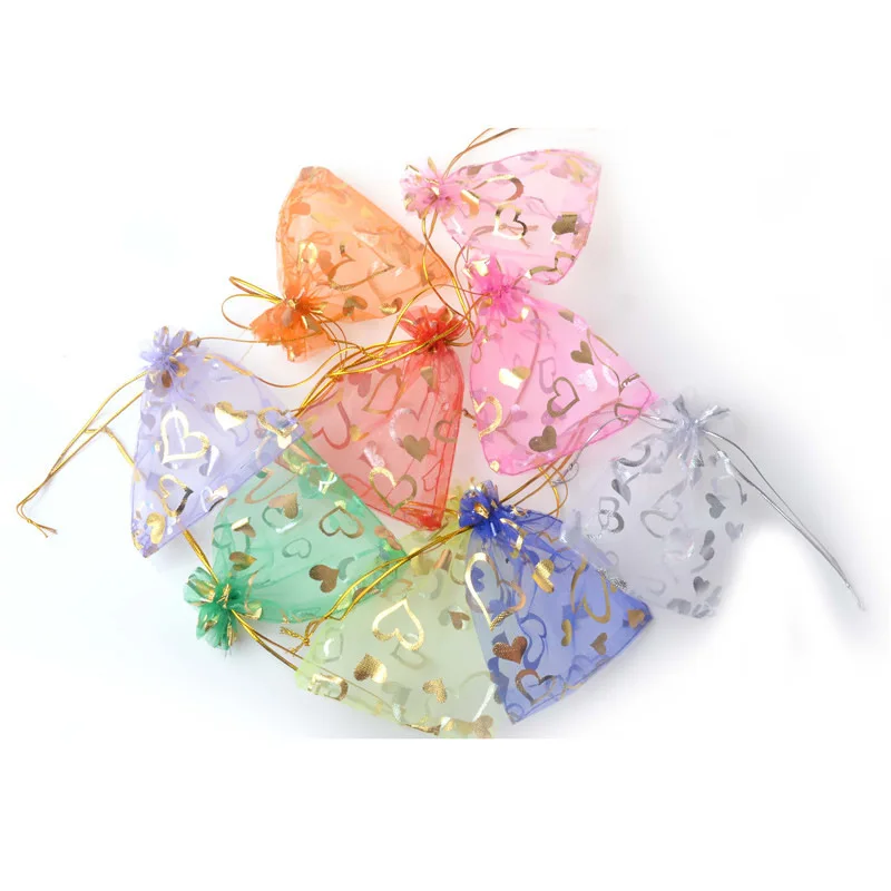 100 Pcs/lot 15x20, 17x23, 20x30cm Multicolours Golden Love Heart Drawstring Organza Bag Christmas Packaging Pouch Nice Gift Bags