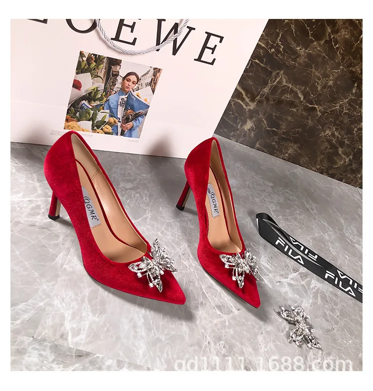 

Spring And Autumn New High-Heeled Shoes Female Stiletto Pointed Shallow Mouth Fashion Bowknot Rhinestone Solid Color Single Shoe