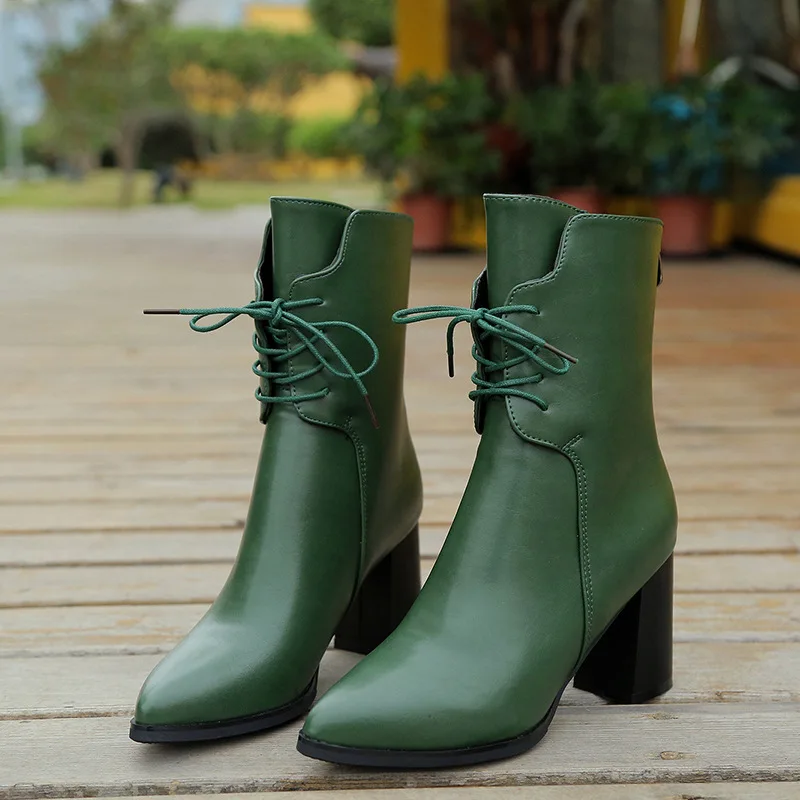 Dropshipping Pointed Toe Women's Boots Green Plush Ankle Keep Warm Winter Boots for Women Autumn High Heel Metal Zipper Leather