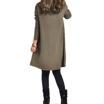 

New Women Dresses With Pocket Solid Color Long Sleeve V Neck Loose Casual Autumn Winter Dress Plus Size SCI88
