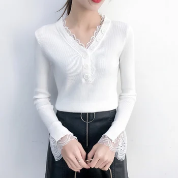 

B 2020 Women Elegant Korean Style Long-sleeved Solid Knit Bottoming Top Fashion Design Novel Lace Stitching Women's Slim Sweater