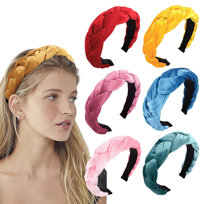 

Gold Velvet Cross Knot Hair Hoop Wide Brimmed Flannel Twist Braid Head Band Solid Color Splicing Colors Autumn Winter Fashion