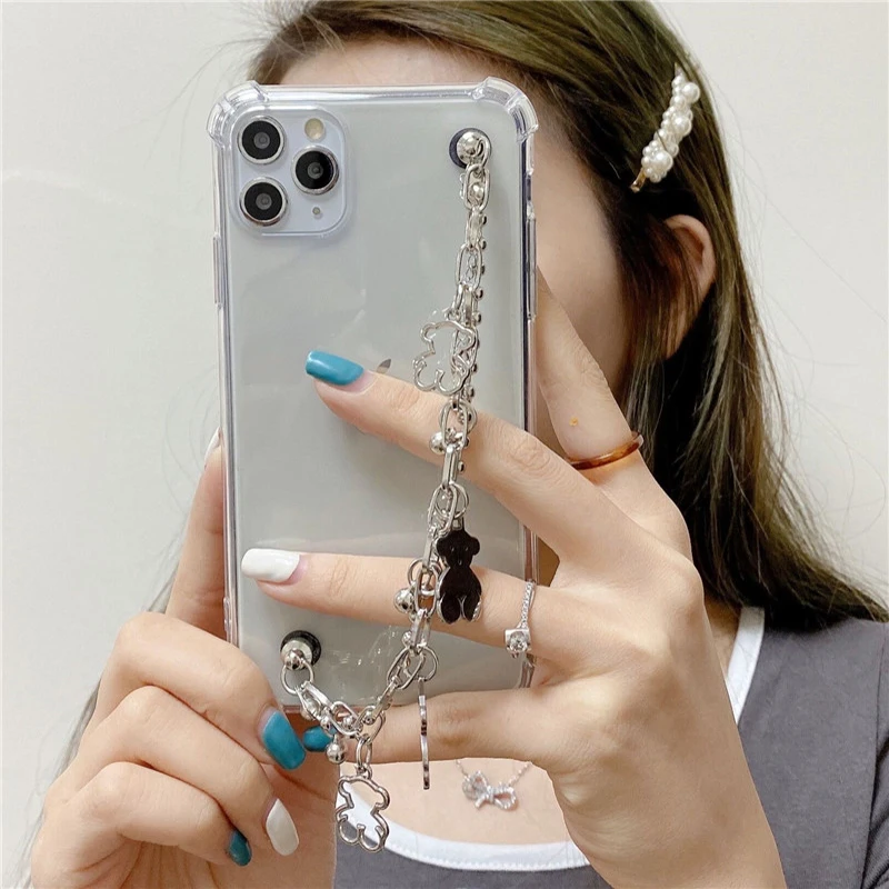 Korea Cute Bear Bead Chain Wrist Bracelet Case For iPhone 13 12 11 Pro XS Max Mini XR X 7 8 Plus SE 2020 Phone Charms Soft Cover | Мобильные