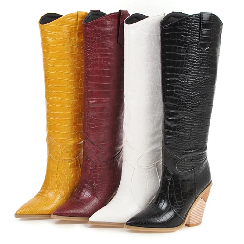 

2019 Luxury Yellow Burgundy Boots Women Fetish Knee High Boots Wedges 10cm Heels Lady Chunky Stripper Crocodile Pleaser Shoes