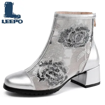 

Women Summer Boots Cow Leather Embroidery Net Perforated High Heels Booties Woman Ankle Boots Feminine Hollow Mesh Shoes 2020