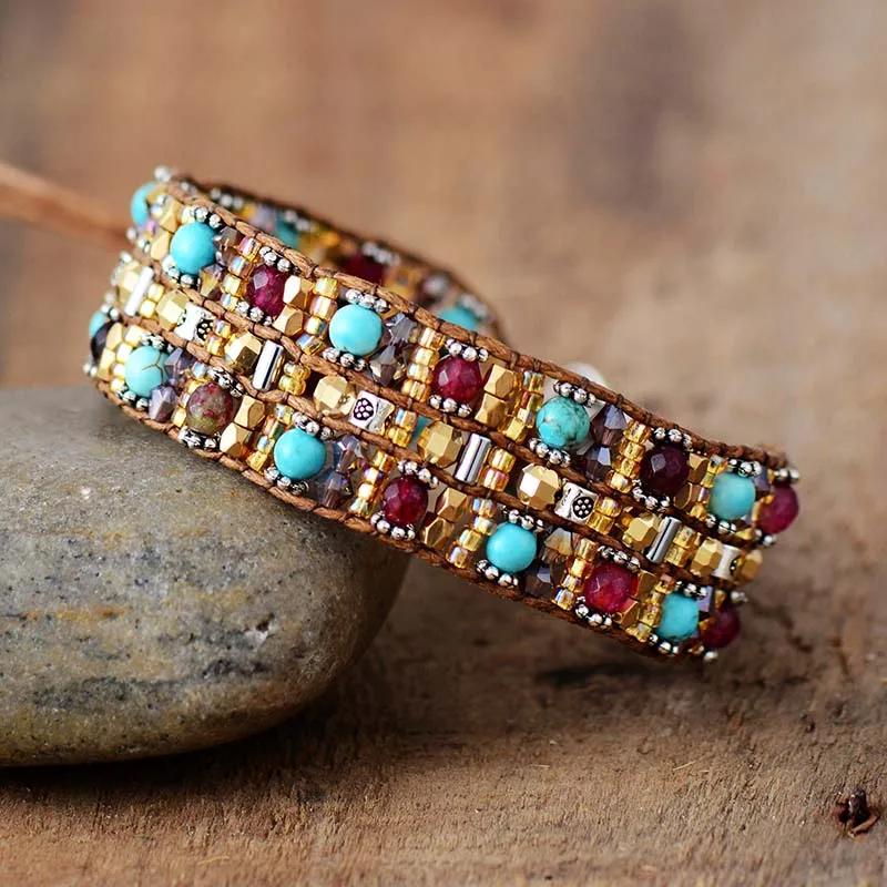 Boho браслеты высокого класса натуральные камни воск шнур обертывание браслет