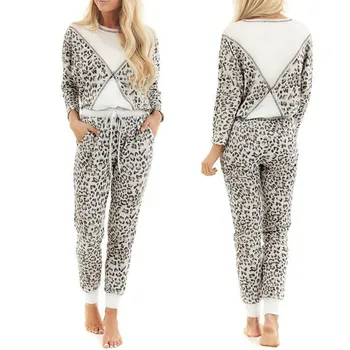 

Tracksuit Women Sport Wear Gym Set спортивный костюм Fashion Casual Home Leopard Print Splicing Long Sleeves 2 Piece Sports Suit
