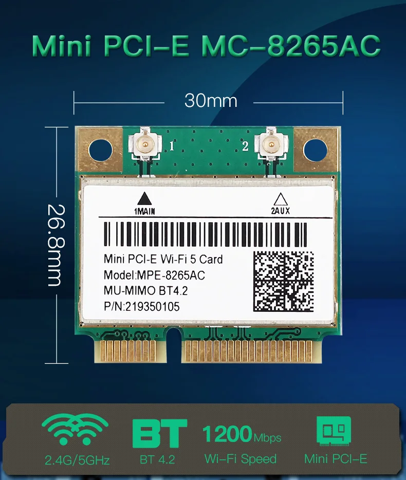 Dual Band Mini PCIE MPE-AC 8265 1200Mbps Bluetooth 4.2 intel 8265 Network Adapter 2.4G/5G For Windows 7/8/10/Linux For PC/Laptop wifi and bluetooth card for pc