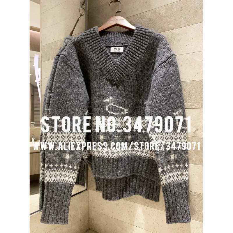 Ladies Duck Pattern V-neck Turtleneck Knit Autumn Winter High Quality Cashmere Wool Blend Casual Women's Loose Sweater