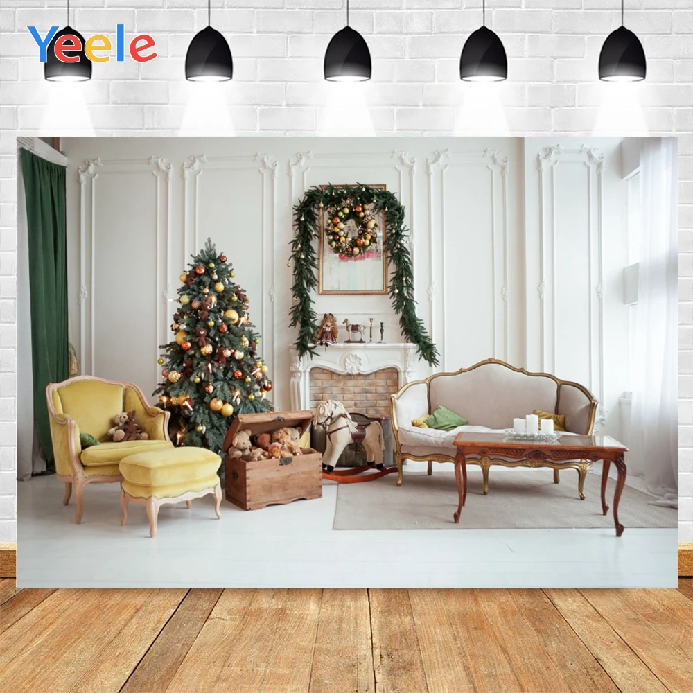 

Yeele Merry Christmas Tree Gifts Balls Sofas And Fireplace Background Photophone Photography Backdrop for Decor Customized Size