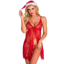 Рождественское кружевное нижнее белье набор женское сексуальное белье красное Кукольное платье одежда для сна v-образный вырез сетчатый костюм со шляпой для сексуальной Леди Хит