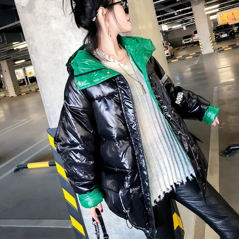 Глянцевая зимняя стеганая куртка для женщин Harajuku Большие Лоскутные пальто средней длины куртка с буквенным принтом свободные парки с капюшоном