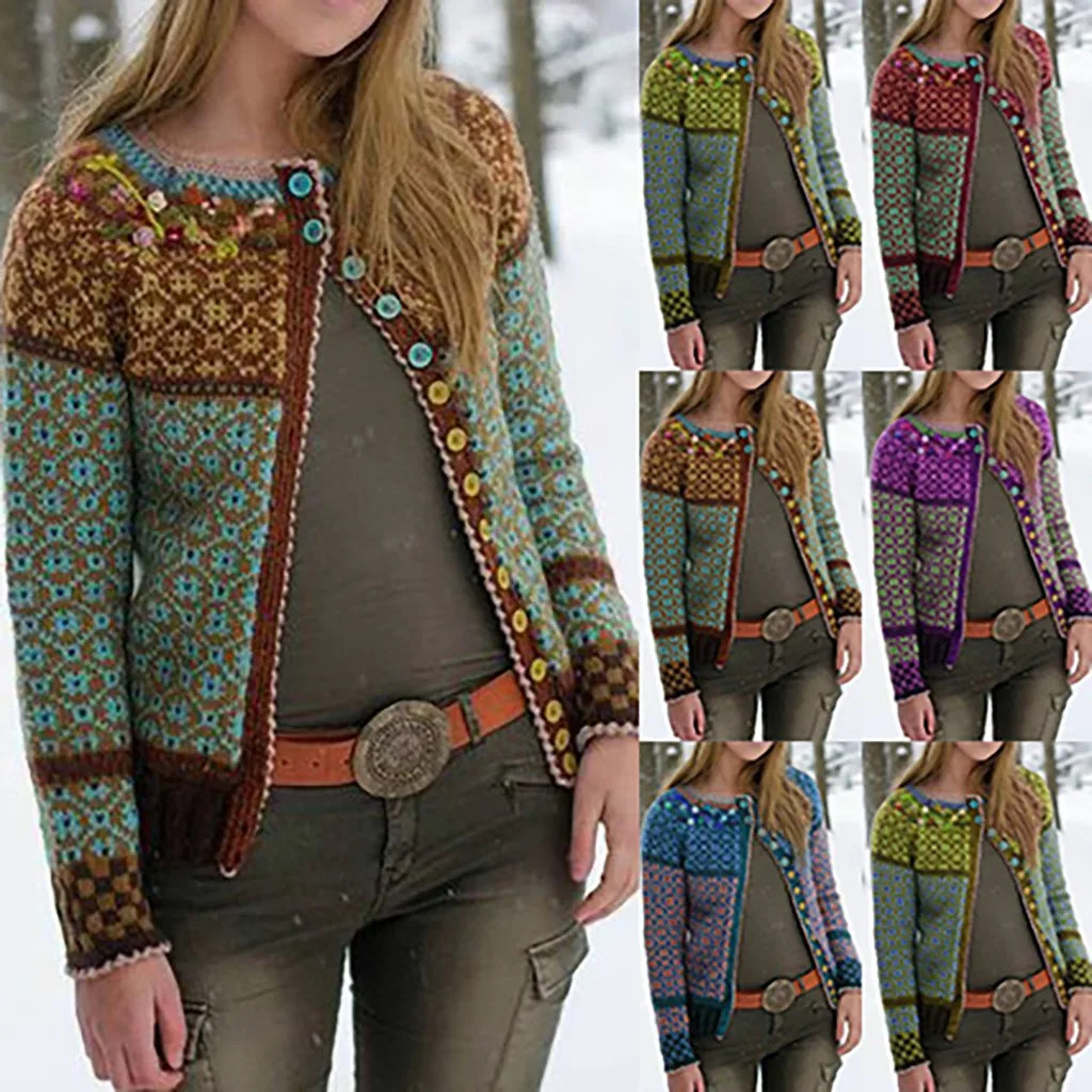 

Vintage Knitted Cardigan Sweater Female 2019 Simple Lace Straight Bottom Clothing Sweater Multicolor Print Cardigan For Female
