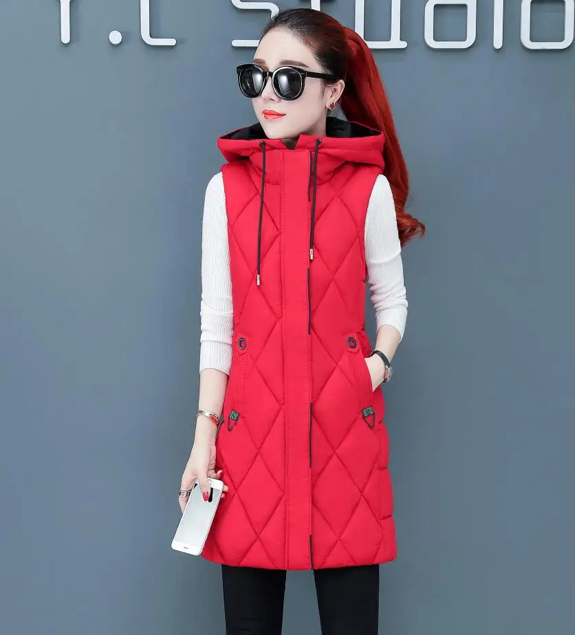 SWREDMI осень-зима жилет Для женщин Красная куртка с капюшоном жилет Длинная женская куртка, пальто без рукавов Толстая Теплая зимняя одежда из плотной шерсти для девочек - Цвет: Красный