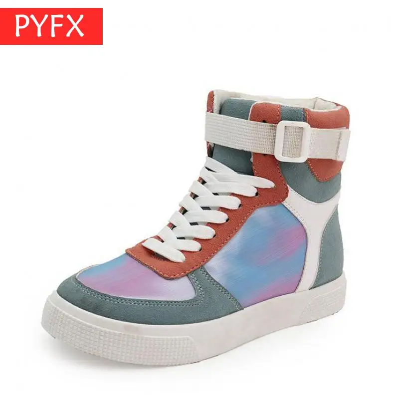 

2019 autumn designer patent new high help gradient color patchwork high help women color canvas casual Lightweight flat shoes