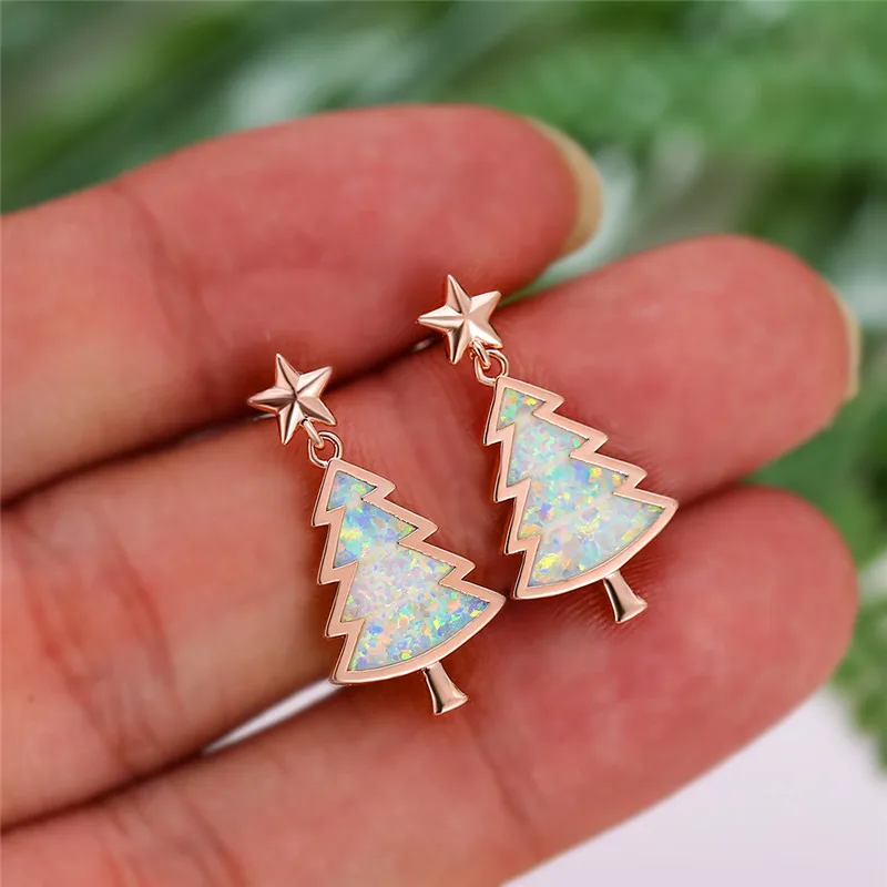 Женские 925 пробы, серебряные серьги-гвоздики, Boho, белые, синие, огненный опал, серьги, уникальный стиль, серьги в форме рождественской ёлки для женщин