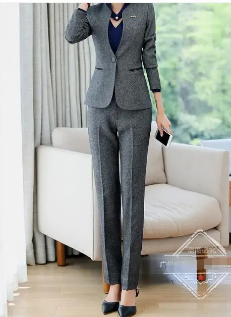 pantsuitgrey Черная куртка женские брюки костюм осень зима шерстяная ткань OL официальный пиджак и юбка униформа офисный комплект плюс размер Рабочая одежда - Цвет: pantsuitgrey