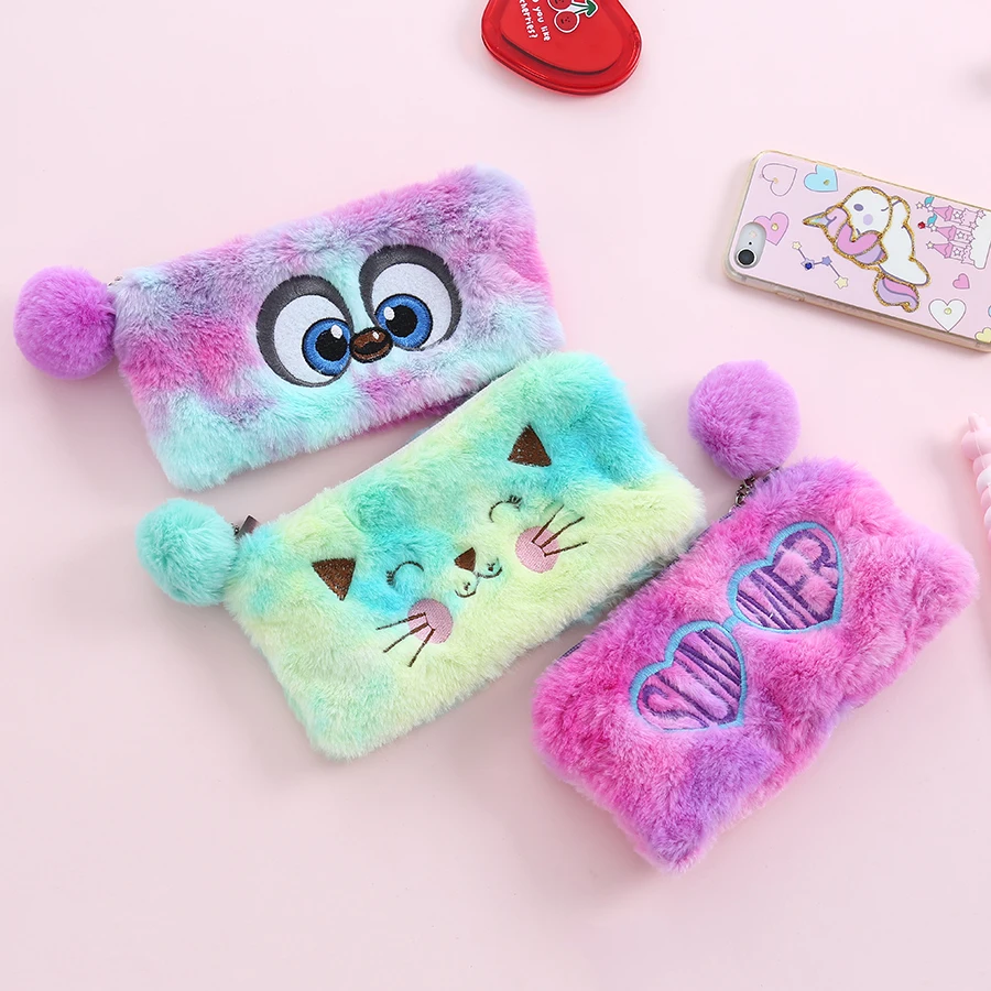 

Cartoon Embroidered Colorful Makeup Brush Bags Girl Travel Cosmetic Bag Student Pencil Case Pen Organizer Bag Fur Ball Decor