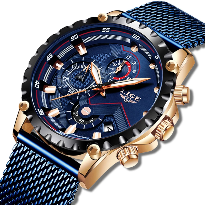 New Lige Blue Casual Mesh Belt Fashion Quartz Gold Watch Mens Watches Top Brand Luxury Waterpr-6