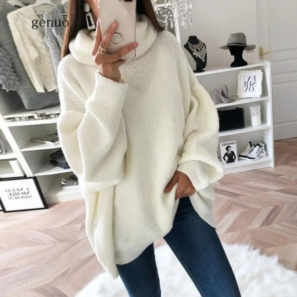 2020 Women Turtleneck Sweater Warm Long Sleeve  Warm Scarf Collar Pullover Casual Loose Autumn Winter Solid Knitted Sweaters