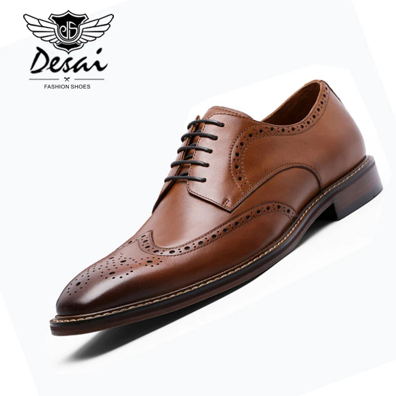 

DESAI New Arrivals Men Business Dress Shoes Genuine Leather Brock Retro Gentleman Shoes Formal Carved Bullock Shoes Heightening