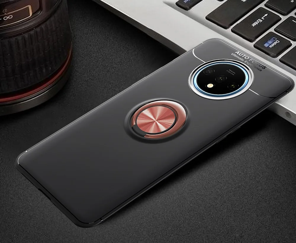 For Oneplus 7T Case Finger Ring Holder Soft Matte Silicone Back Cover for oneplus 7T Pro 1+7T Phone Cases - Цвет: BLACK PINK