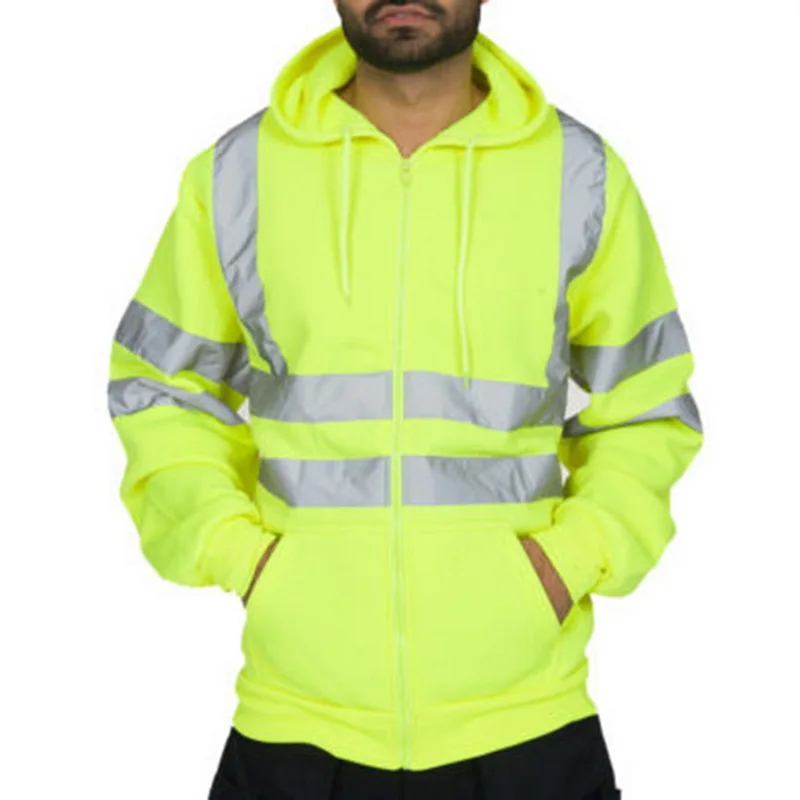 

New Men Road Work High Visibility Swearshirt Casual Long Sleeve Drawstring Hooded Coat Body Safe Protective Cardigan Jacket