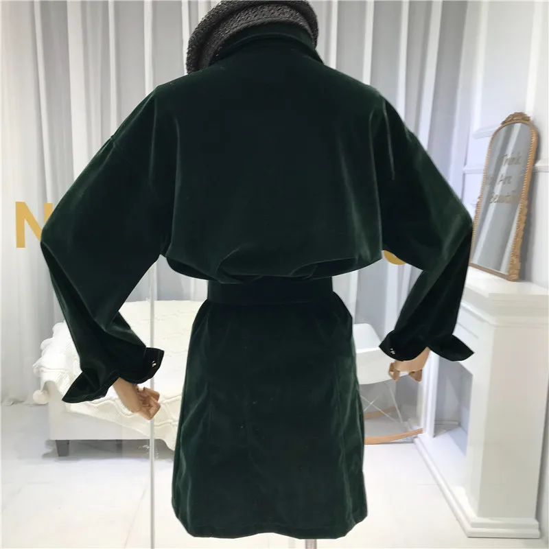 ALPHALMODA Autumn and Winter New Style Velvet Shirt Dress Women's Turn-dow Collar Pocket Single Breasted Sashes Dress