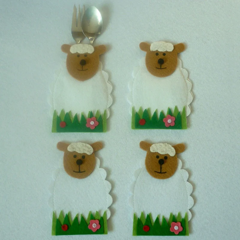 

4pcs/set Easter Decor Sheep Flower Design Knife And Fork Bags Tableware Covers Cartoon Cutlery Bags Easter Decorations For Home