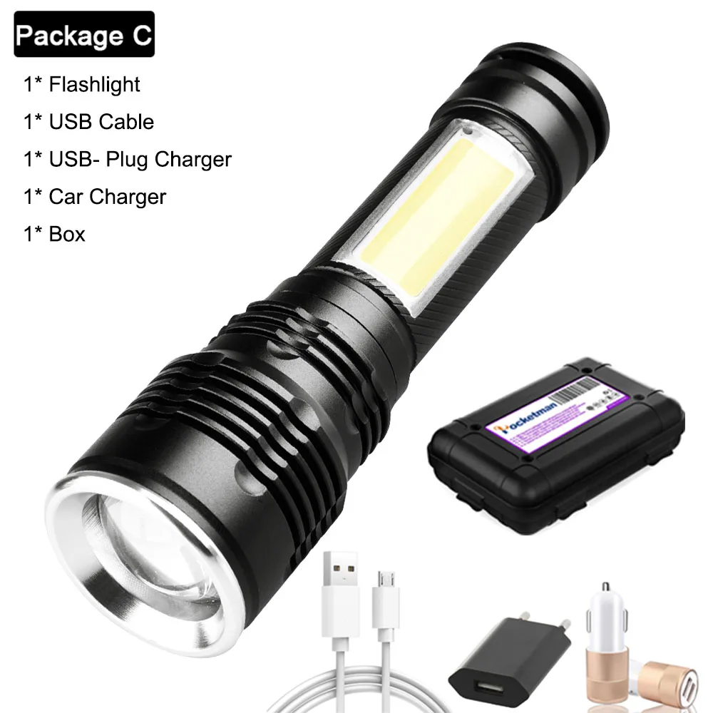 Мощный COB+ светодиодный фонарик с ручным ремешком, перезаряжаемый через USB фонарь со встроенным аккумулятором 18650, тактический фонарь с зумом - Испускаемый цвет: Package C