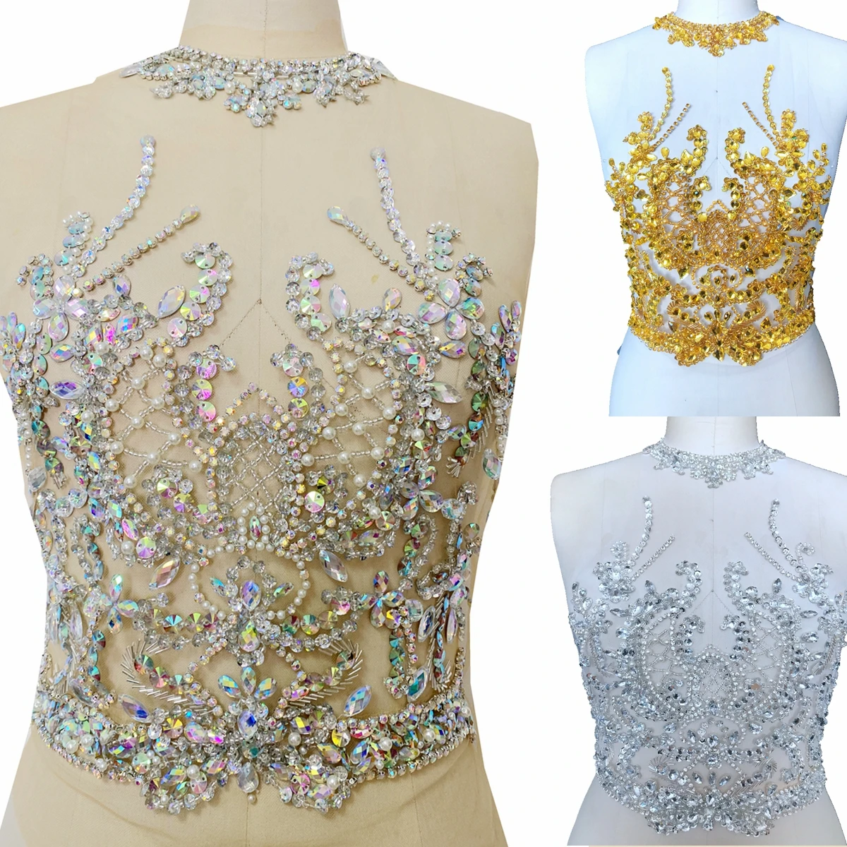 sew on silver rhinestones applique on white mesh crystal trim patches