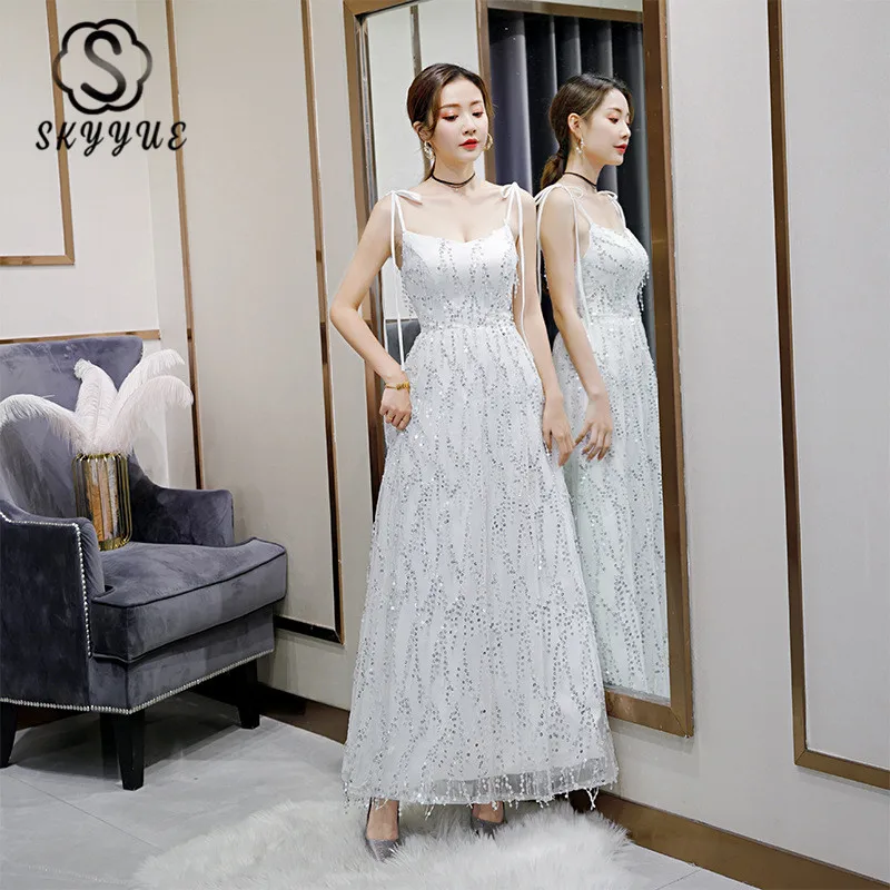 

Skyyue Evening Dresses Long Tassel Square Collar Evening Gown K346 2020 Plus Size Sleeveless Spaghetti Strap Women Party Dresses