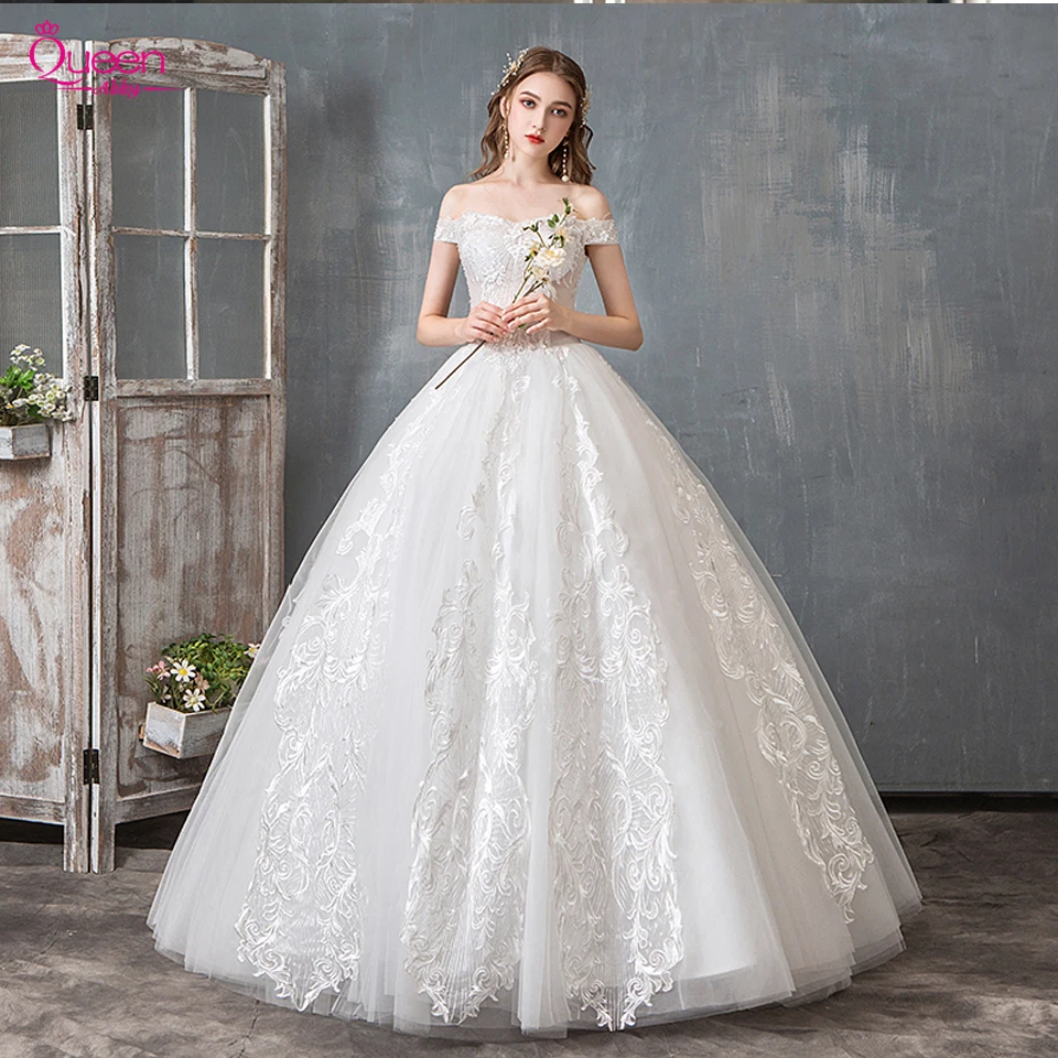 White Wedding Dresses 2019 Lace Luxury Pearls Bridal Ball Gowns Off-the-shoulder Lace-up Dress Vestido De Noiva | Свадьбы и