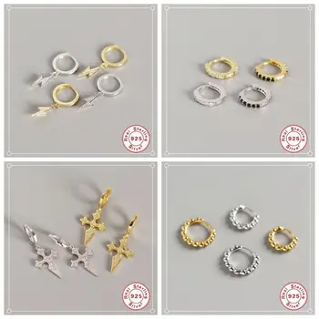 

925 Sterling silver Rainbow Cross Hoop Earrings For Women Gold Tiny Stud Bar Aretes De Moda Huggie Jewelry Woman Stud Earrings