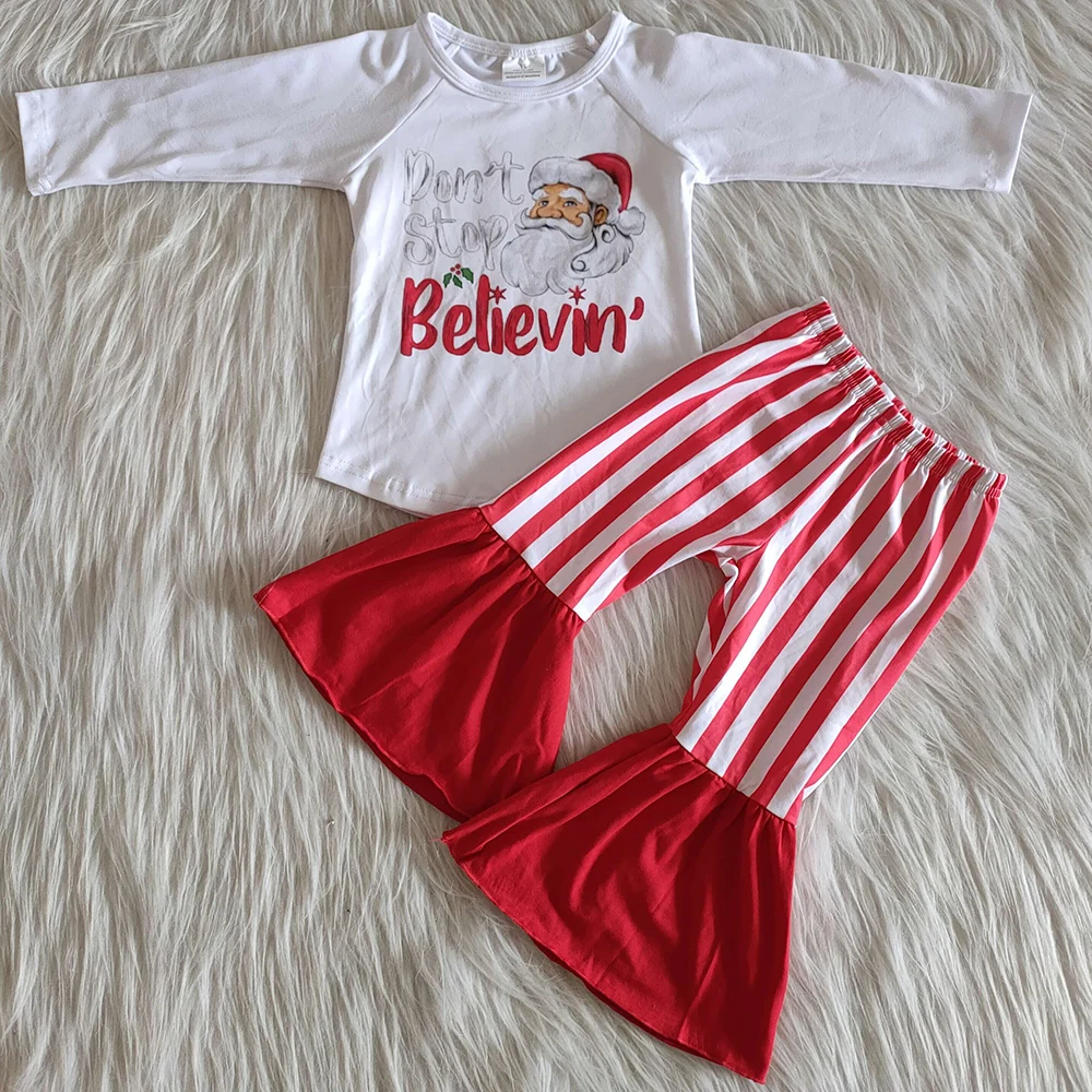 

hot sale kids designer clothes girls long sleeve Santa Claus Christmas clothes boutique toddler baby girls bell bottom outfits