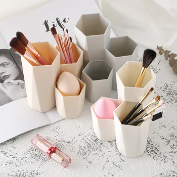 

1Pcs 3 Lattices 3Color Pen Holder Rack Make Up Tools Cosmetic Holder Table Organizer Hexaprism Shape PS Brush Storage Box