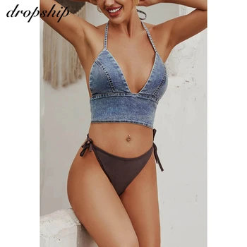 

Crop Top Women Tank 2020 Summer Top Cropped Woman Clothes Sexy Camis lace up Denim Bra Clothing Backless Bustier Party Club Vest