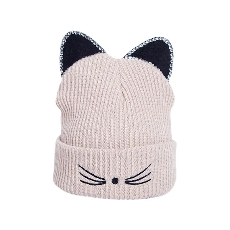 Корейская женская шапка с вышивкой в виде милых котов и усов, стразы, 3D уши, одноцветная зимняя вязаная шапка в рубчик - Цвет: 4