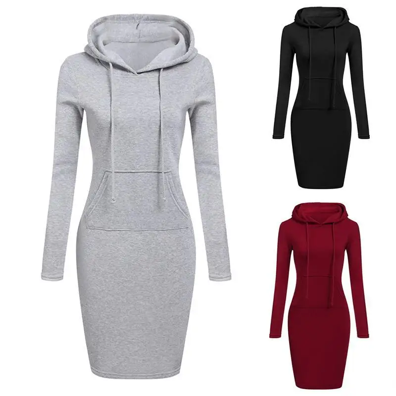 Autumn Winter Sweatshirt Long Sleeve Dress 2019 Female Casual Hooded Collar Pocket Design Simple Style Drawstring 1